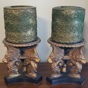 2 ESTATE ANTIQUE HEAVY GOLD & BLACK CANDLE HOLDERS WITH GREEN & GOLD CANDLES